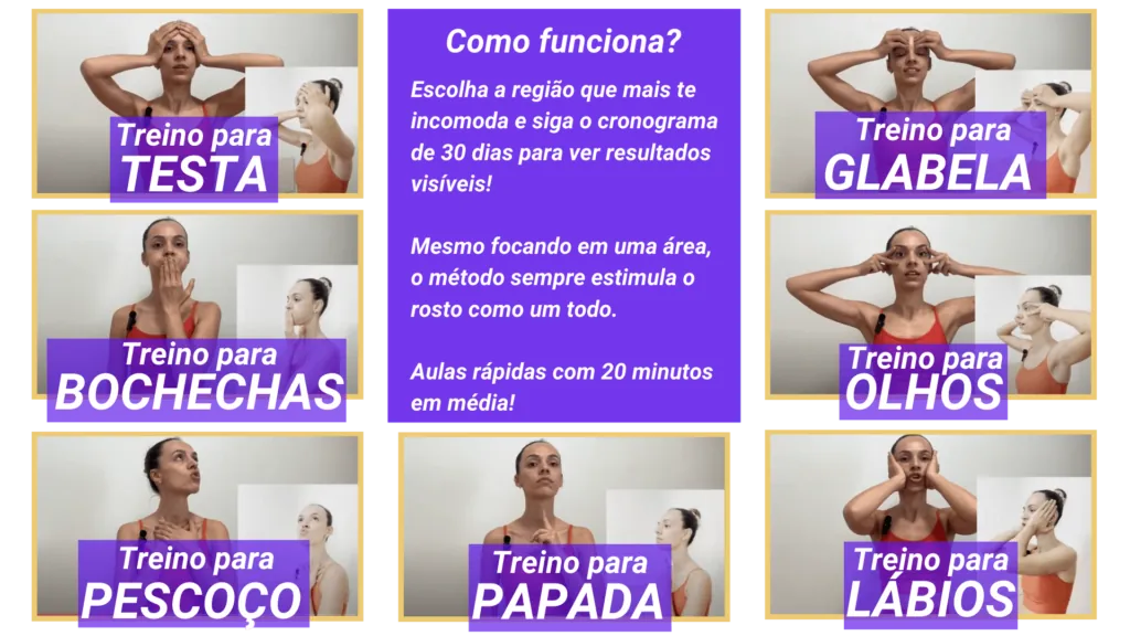 Treinos para testa, glabela, bochechas, olhos, pescoço, papada e lábios